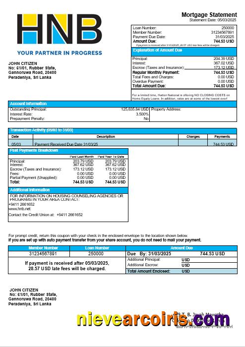 Sri Lanka Hatton National Bank mortgage statement